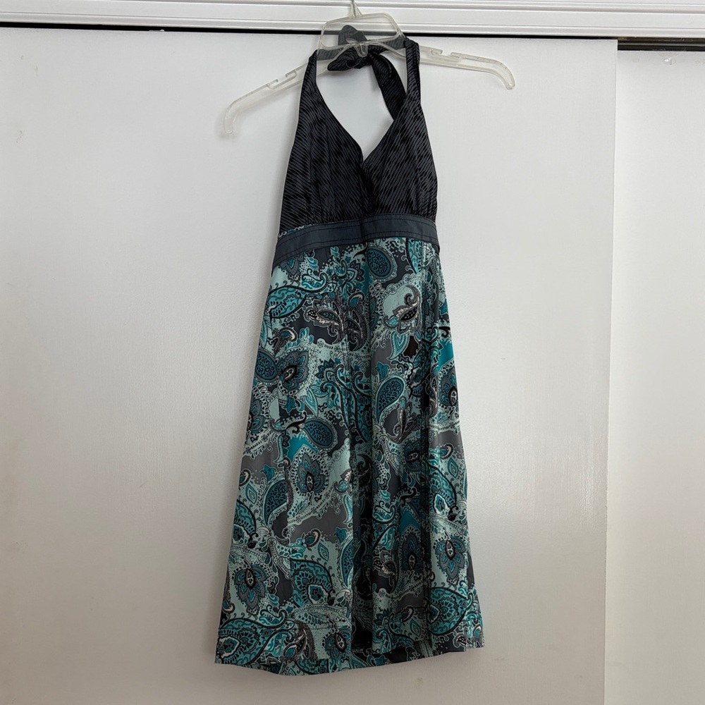 Athleta Black and Teal Paisley Halter A-Line Dress